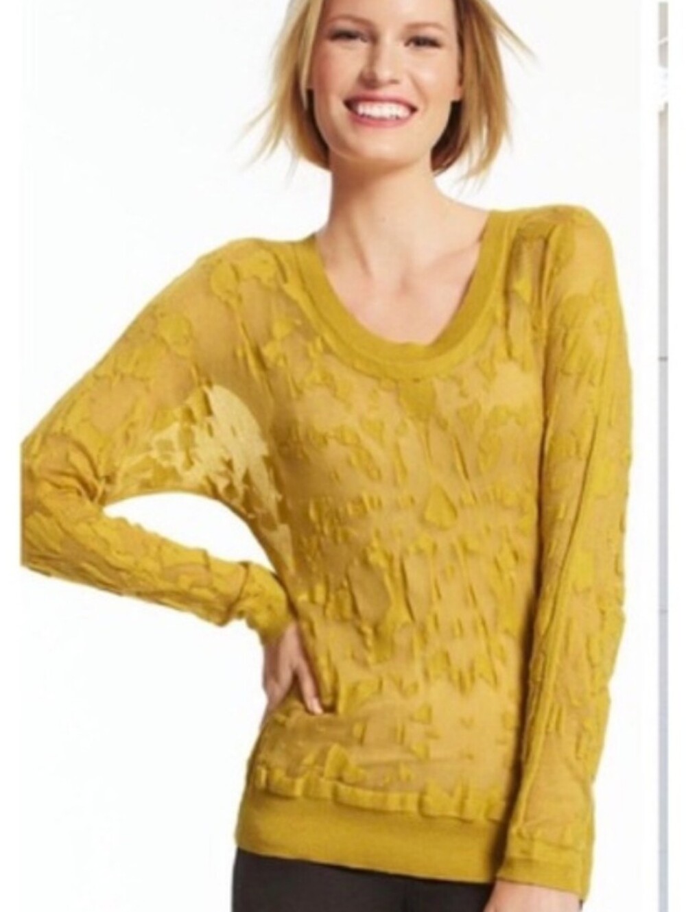 CAbi Ochre Burn Out Yellow Gold Sweater Style #477